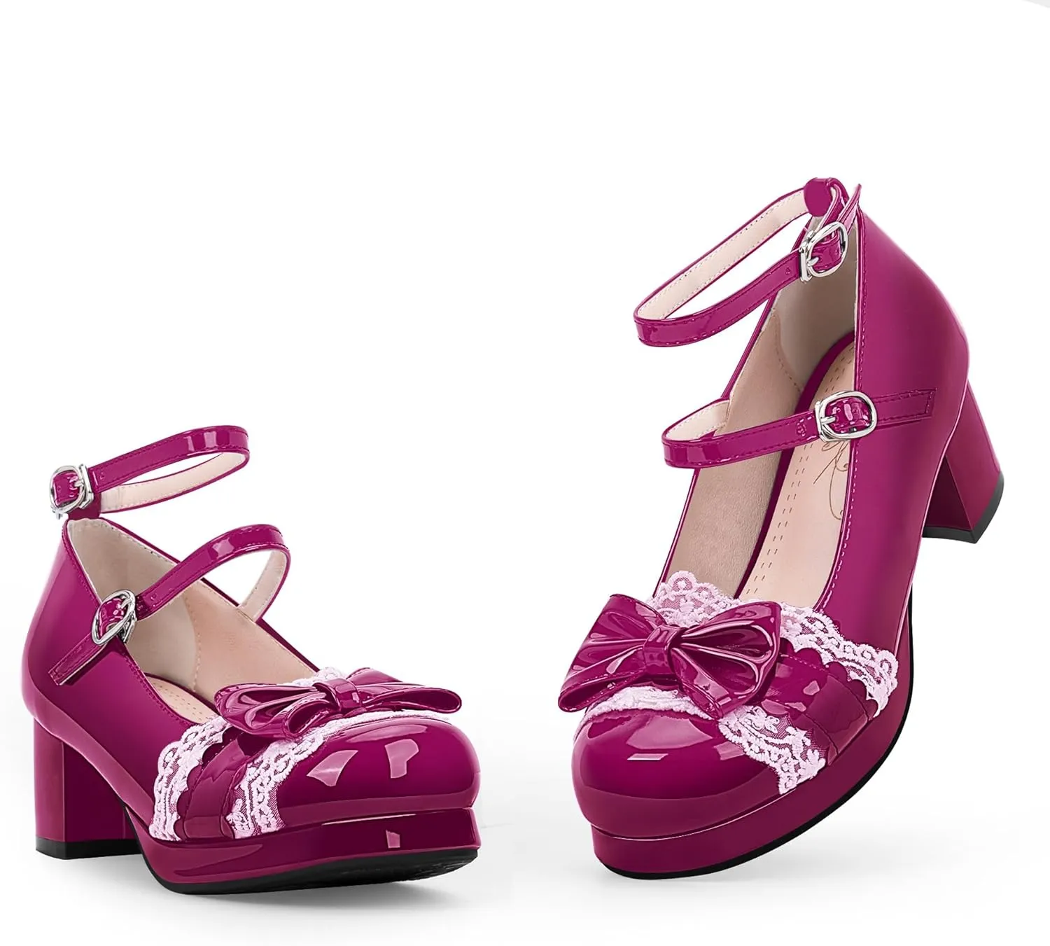Women's Bow Plafrom Mary Janes Patent Leather Chunky Heel Lace Ankle Strap Dress Pumps