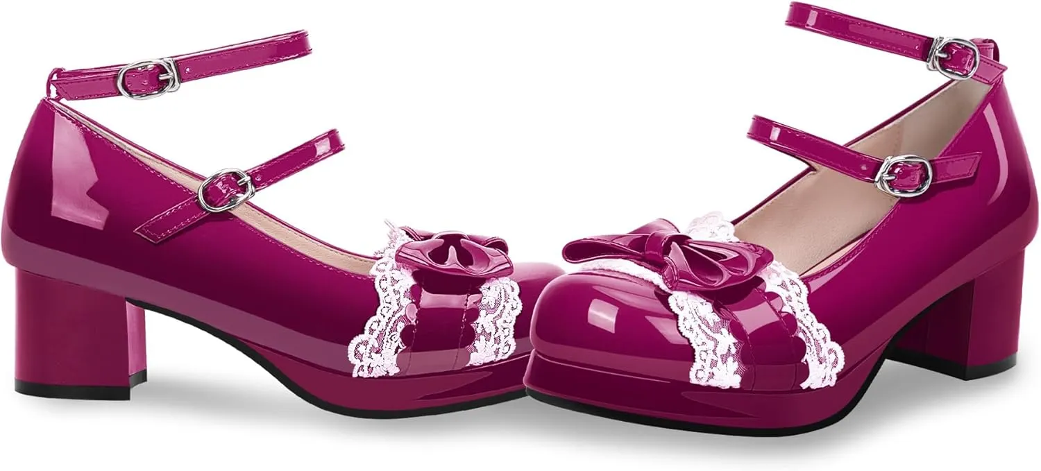 Women's Bow Plafrom Mary Janes Patent Leather Chunky Heel Lace Ankle Strap Dress Pumps