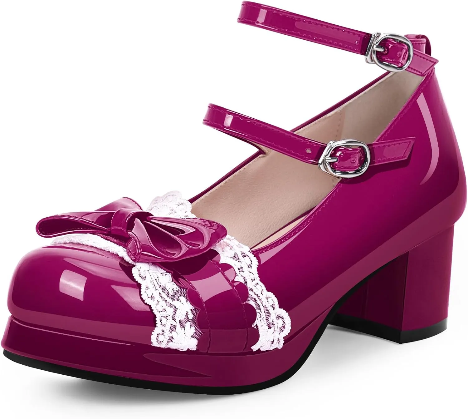 Women's Bow Plafrom Mary Janes Patent Leather Chunky Heel Lace Ankle Strap Dress Pumps