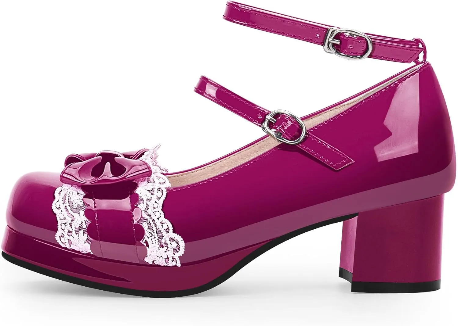 Women's Bow Plafrom Mary Janes Patent Leather Chunky Heel Lace Ankle Strap Dress Pumps