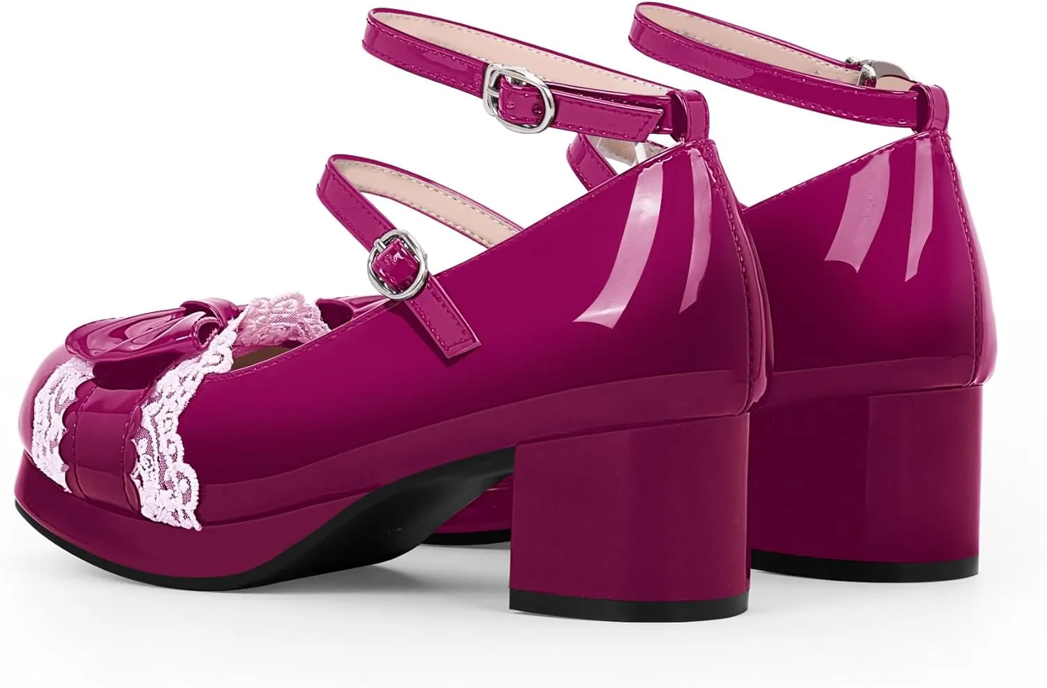 Women's Bow Plafrom Mary Janes Patent Leather Chunky Heel Lace Ankle Strap Dress Pumps